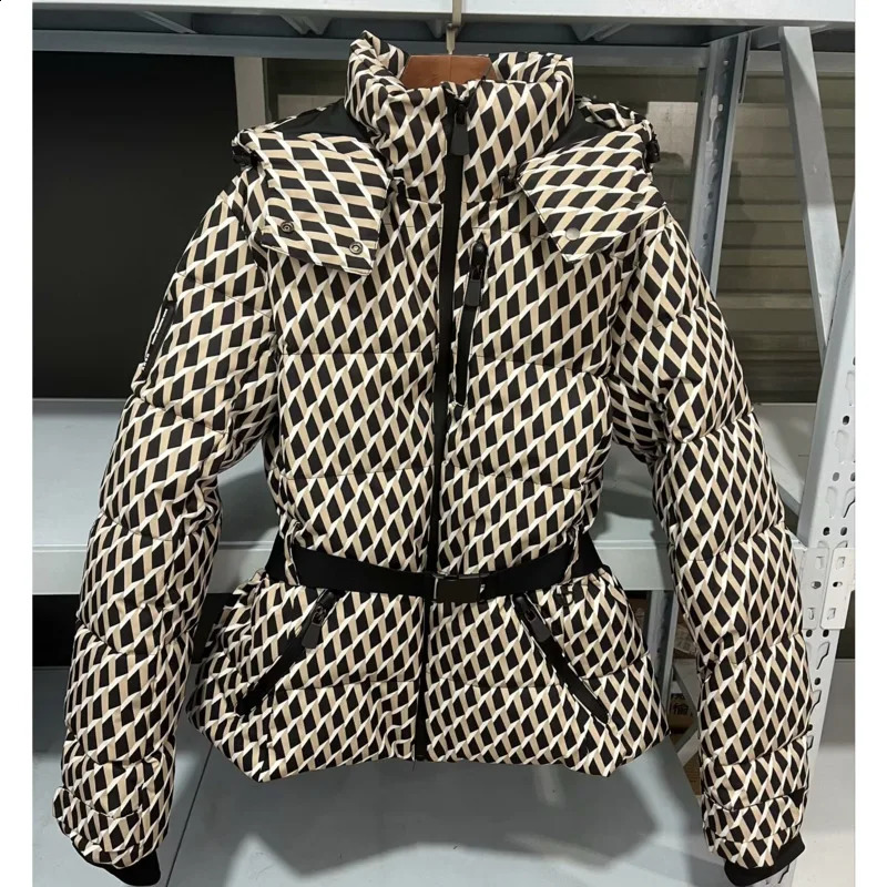 Fashion Waist With Belt Hooded Down Ski Cotton Jacket Women 2025 Stand Up Collar Zipper Commuting Short Warm Windproof 250115