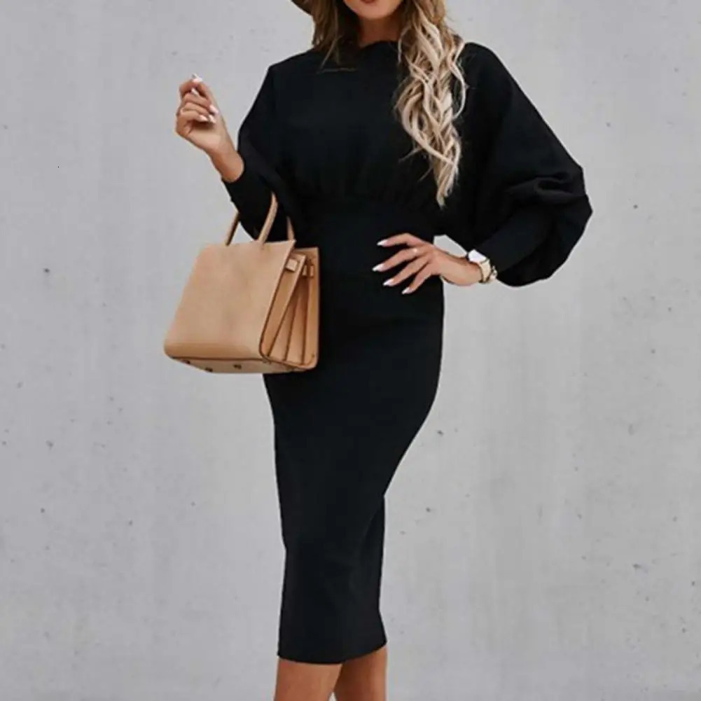 Women Autumn Dress Crew Neck Elegant Lantern Sleeve High Waist Women Bodycorn Dress Autumn Winter Office Ladies Midi Dress 250121