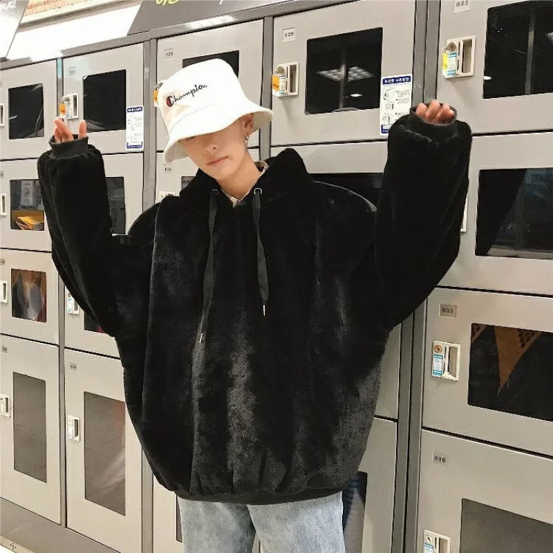 Solid Color Plush Hoodie Men Y2k Trend Loose Warm Sweatshirt Couple Casual Joker Harajuku Vintage Pullover Streetwear 250109Z