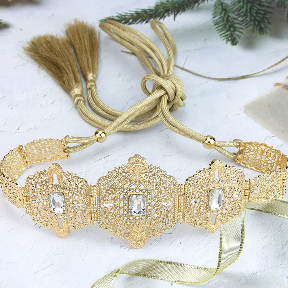 Sunspicems Chic Alloy Belt For Moroccan Bride Tassel Straps Rope Waist Chain Arabic Ladys Caftan Dress Body Chains Gold Color 250121