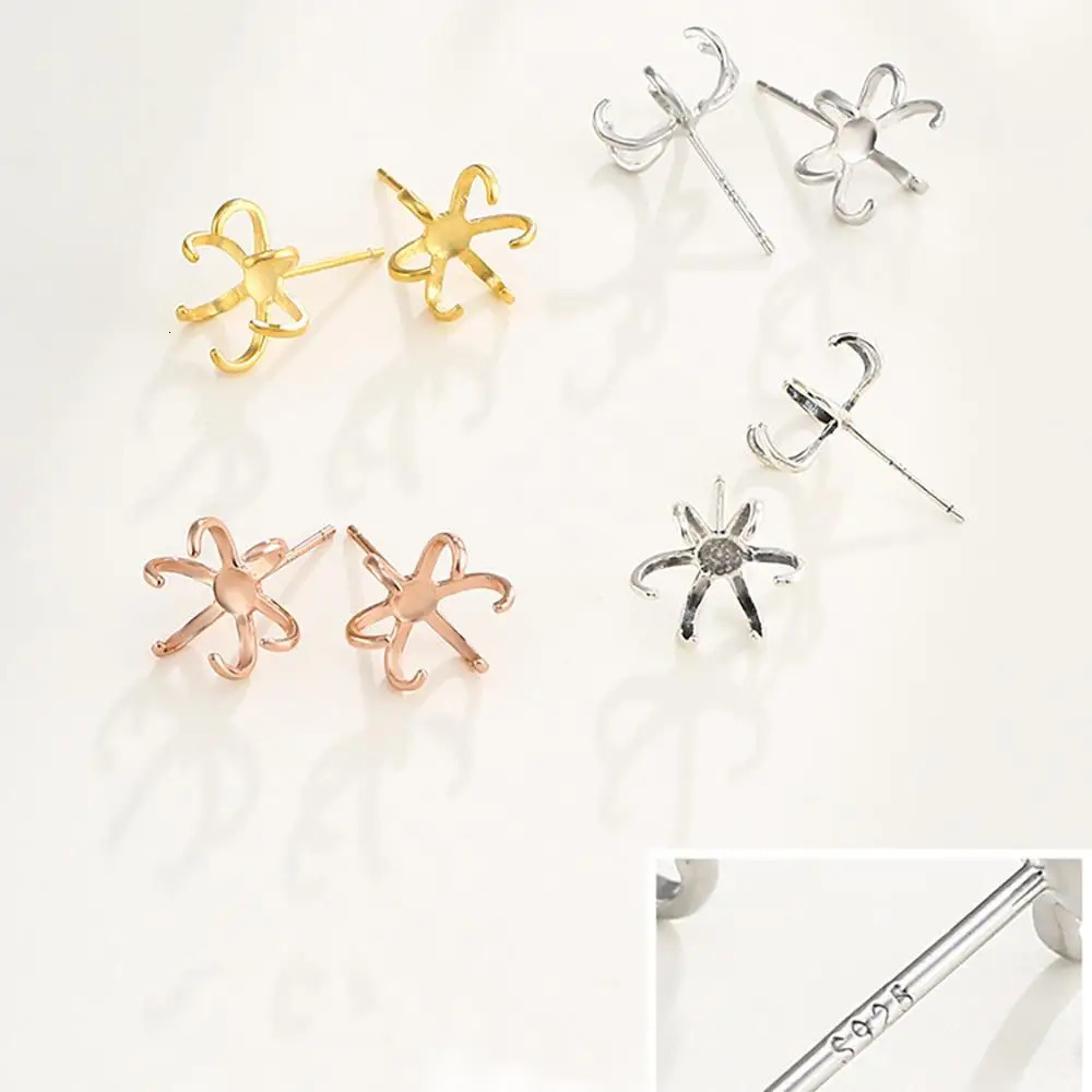 2 Pairs 925 Sterling Silver Stud Post Earring Mounting fit 10-14/12-16mm Stone 6 Claws Earring Blank for DIY Jewelry Making 250117