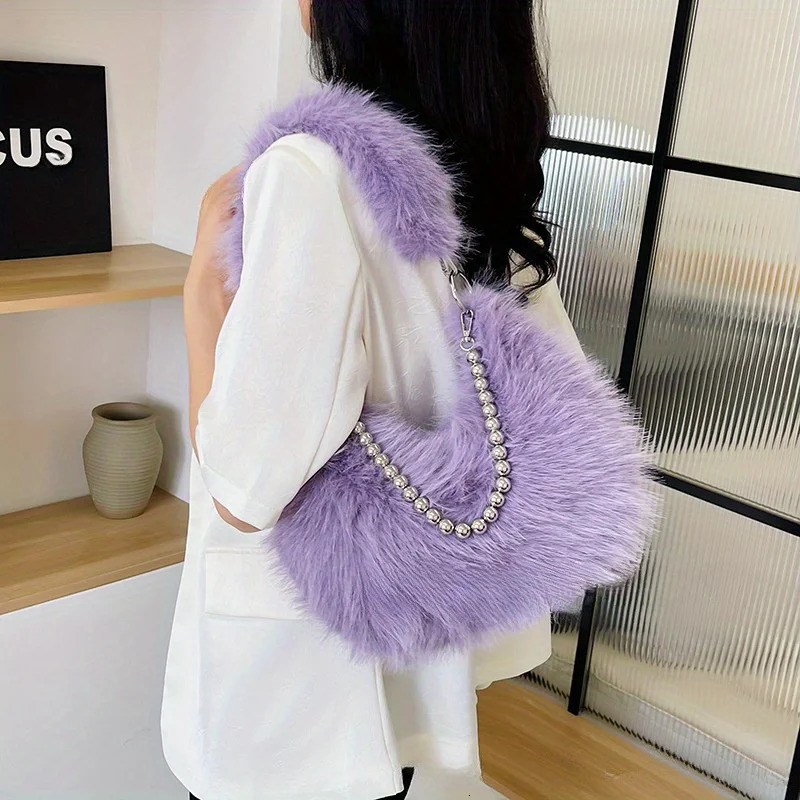 Luxurious Faux Fur Shoulder Bag - Chic Trendy Underarm Purse with Pearl Chain Strap Polyester Lined Interior 250122