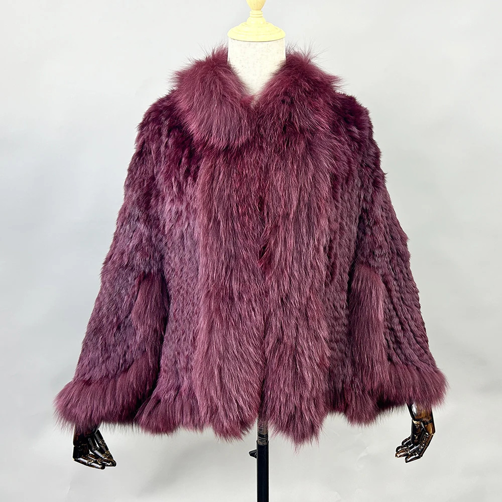Real Genuine Natural Knitted Rabbit Fur Shawl Coat With Fox Fur Collar Womens Fashion Knit Jacket Cape 250120