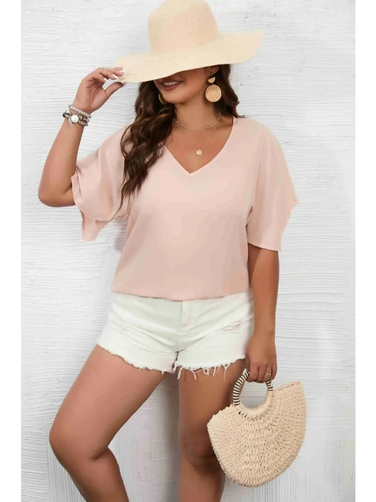 Plus Size 1XL5XL Womens Solid Color Short Sleeve BlouseV Neck Bell Blouse Casual Pullovers Shirt Top 250122