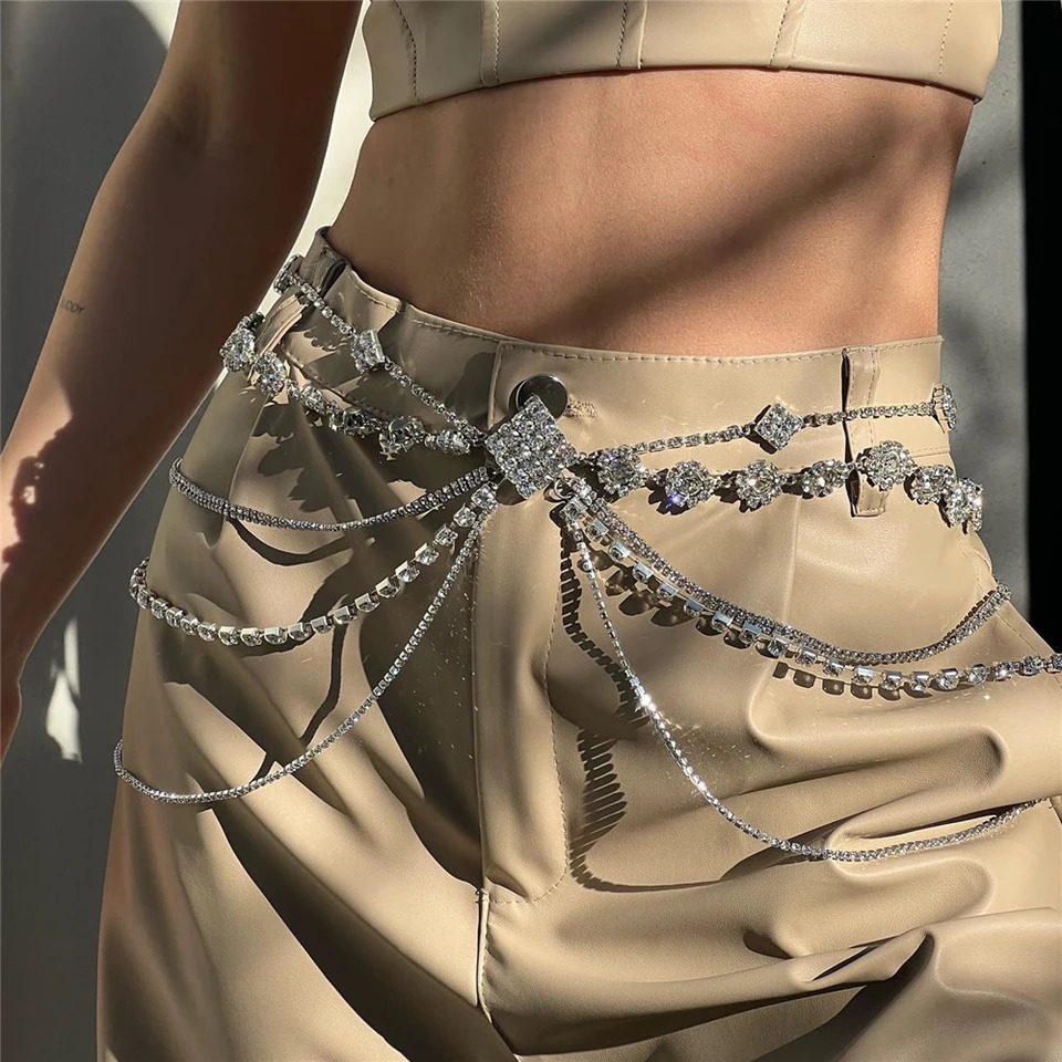 Summer Beach Sexy Multilayer Crystal Thigh Body Chain 5 Layers Jewelry Belly Chains Waist Link Necklace for Women Accessories 250121