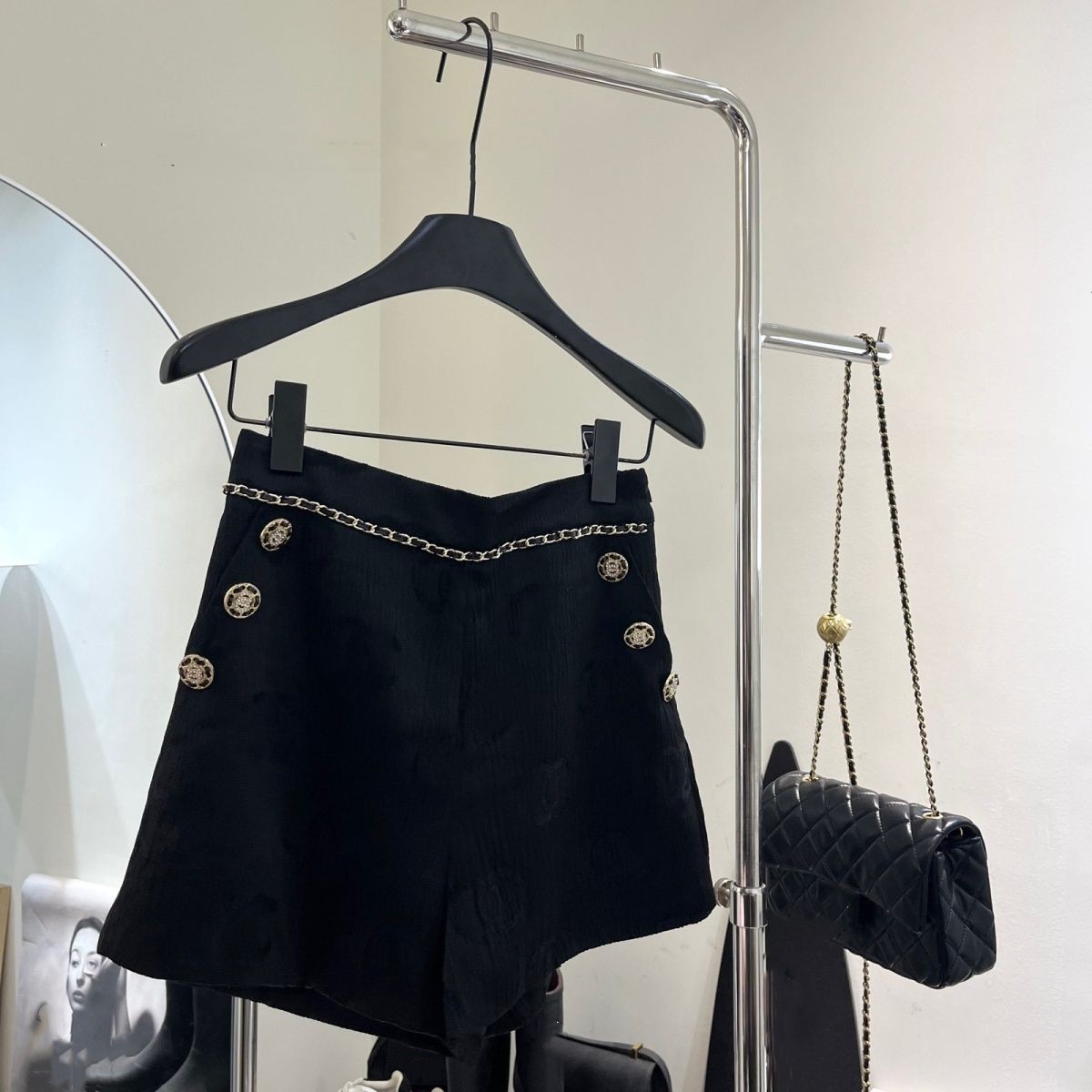 Women logo letter jacquard satin fabric high waist buttons patched designer black shorts fashion SML