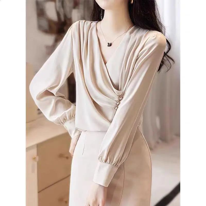 Womens Satin Blouse Solid Color Long Sleeve V-neck Shirts Office Lady Wear Elegant Female Clothes Spring Fashion Top 250107