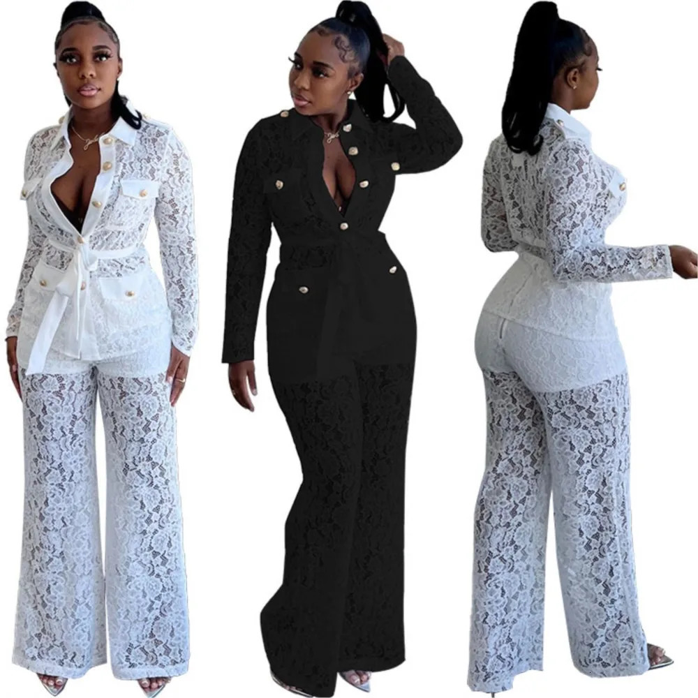 Lace Elegant Shirt SuitsTop White Cargo Pants Set Women Hook Flower Summer Tracksuit Suit Matching Sets Y2k Streetwear Black Set 250113