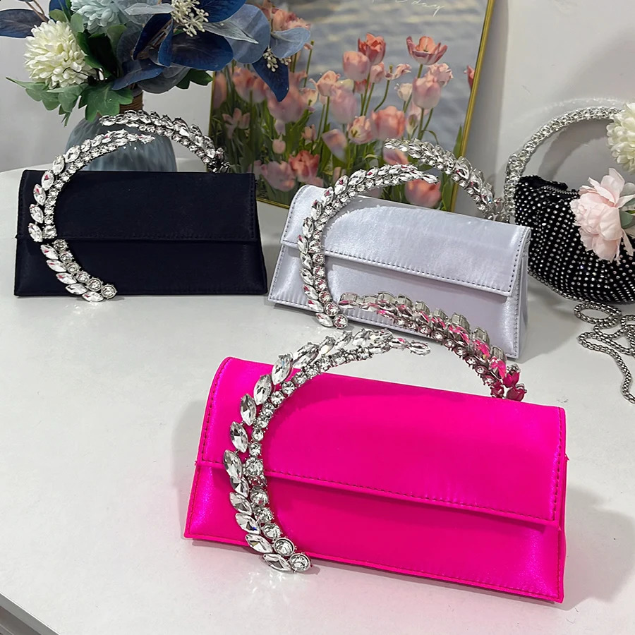 Rhinestone Evening Clutch Diamond Handle Handbags Satin Shoulder Bags Party Wedding Purses Lady Chains Small Square Bags 250110