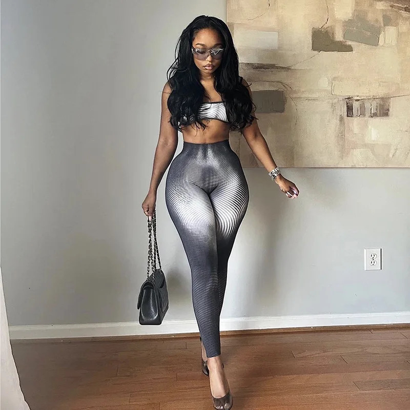 Women Sexy Tie Dye 2 Piece Set Supendency Striped Print Crop TanksContast Color Matching Trousers Female Attractive Suits 250122