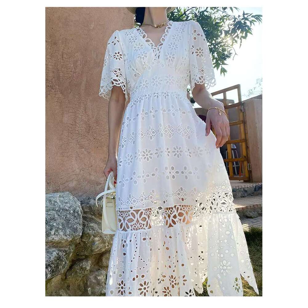 New Embroidery White V Neck Short Sleeve Holiday Cotton Lace Dress Retro Hollow Out Daily Dresses Vestidos