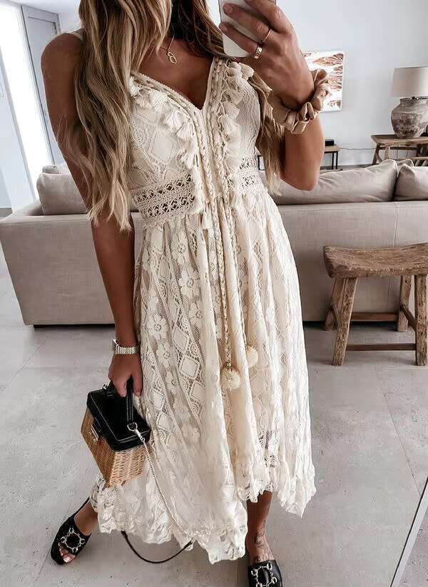 Women's New Lace V Neck Lace-Up Cotton Regular Fit Sweet Maxi Dress Irregular Length Tassel Vacation Robes Mujer Boho