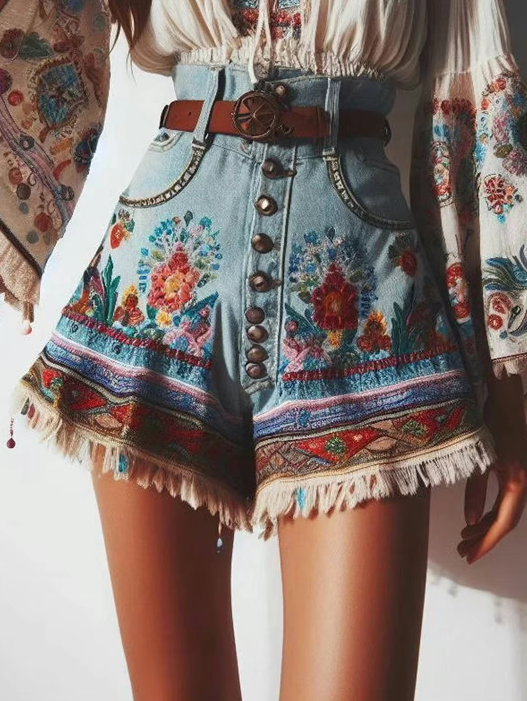 Summer Boho Shorts Fashion High Waisted Tassel Ral Pattern Print Button Design Classic Bohemian Style Women's Pants