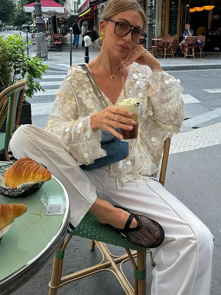 Women Fashion Sequin Lace Up Jackets Elegant V-neck Long Sleeve Shining Cardigan Coats 2025 Spring Female Chic High Street Tops 250109