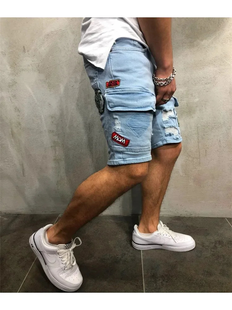 Summer Ripped Shorts Jeans Men HipHop Denim Pants Stretch Light blue Fashion n Slim Straight Male Short Hombre 250113