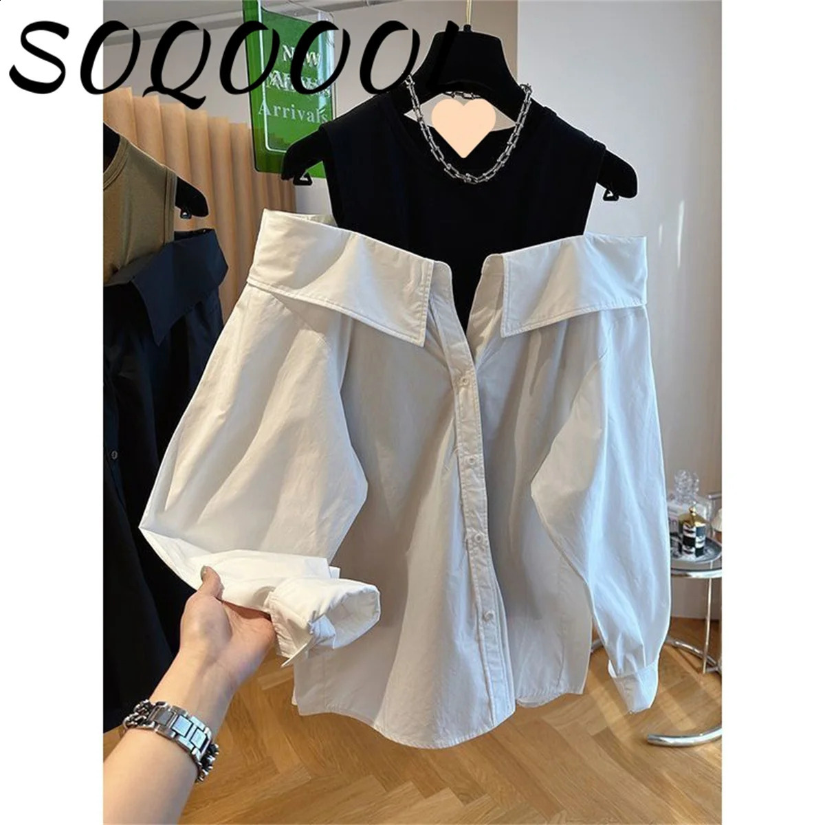 Women False Twopiece Polo Collar Blouse Loose Tank Top Spliced Long Sleeve Shirts Off the Shoulder Blouses Autumn Pullovers Top 250121