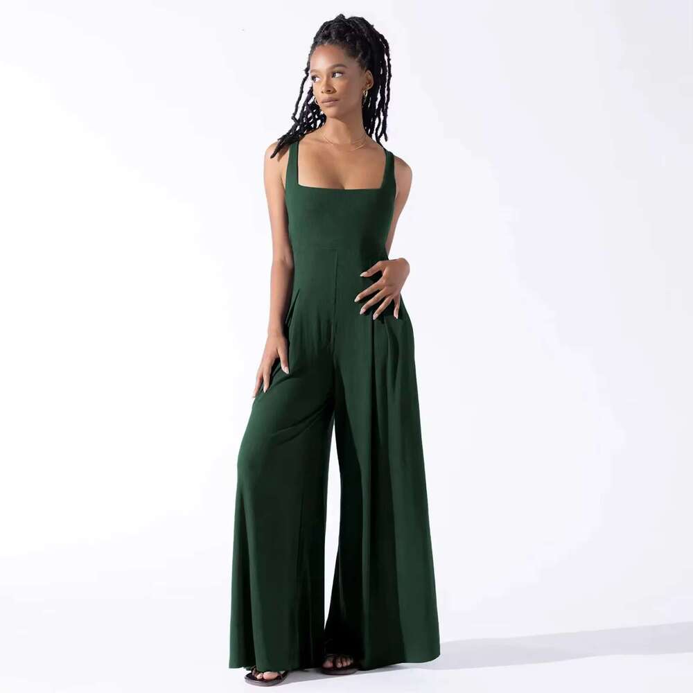 Casual Women's Playsuits Sleeveless Low Waist Viscose Rompers Square Collar Overall Jumpsuits Full Length Outfits