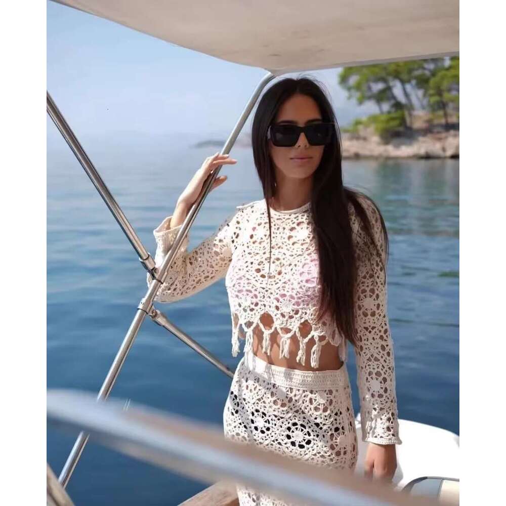 Women's Two Pieces Set Mujer Crochet Cotton Knitted Dress Tassel Knit Top Hollow High Waist Skirts Outfits Boho Sets