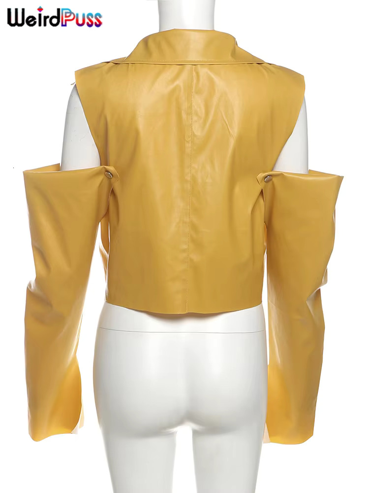 Weird Puss PU Hipster Crop Jacket Women Hollow Long Sleeve Cardigan Autumn Wild Basic Streetwear Patchwork Stripe Y2k Trend Coat