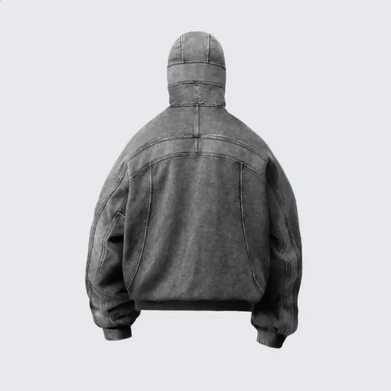 Y2K couple style spliced zip up hoodie fashionable classic Balaclava washed cotton grey ninja retro men hiphop streetwear 250109Z