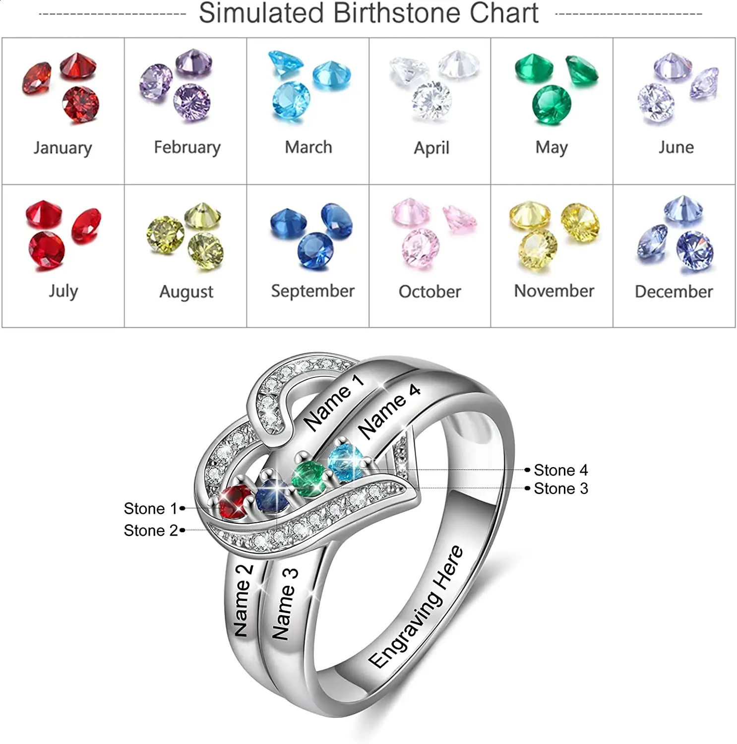 Personalized 1-8 Birthstone Ring Silver Heart Custom Carving Mothers Day Aniversary Jewelry Surname 250110