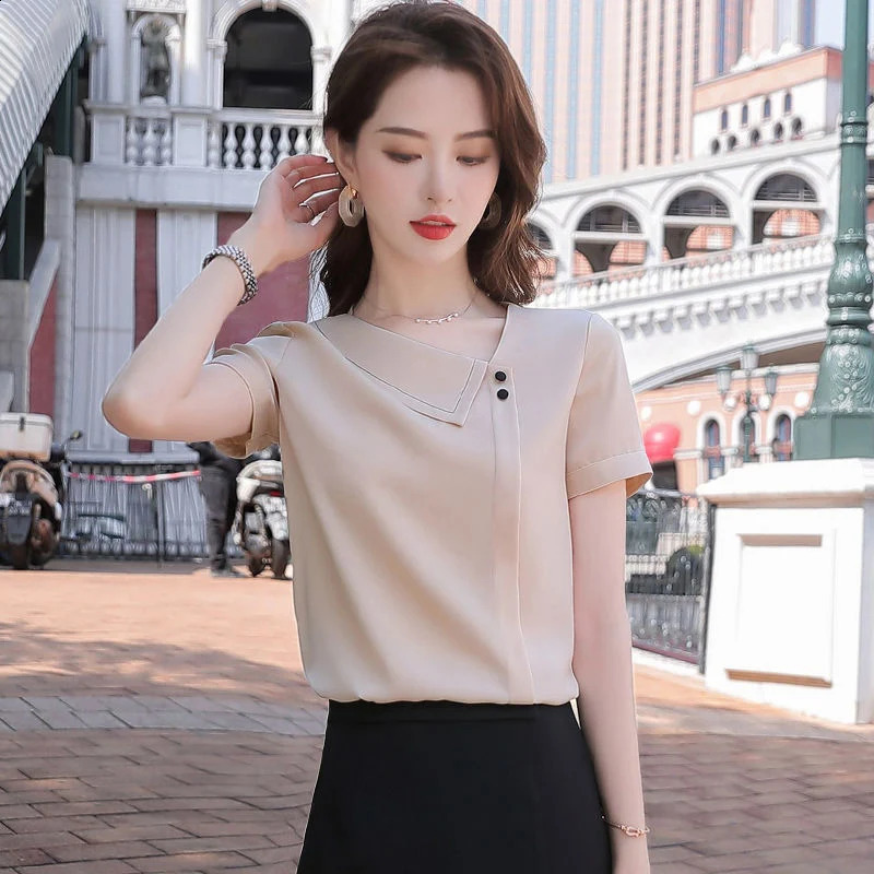 Women Spring Summer Style Chiffon Blouses Shirts Lady Casual Asymmetrical Collar Short Sleeve Chiffon Blusas Tops DF4028 250121