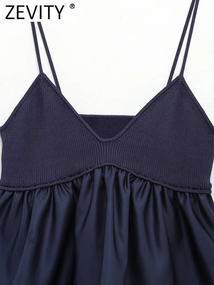 Zevity Women Sexy V Neck Knitting Patchwork Hem Pleats Sling Smock Blouse Female Shirt Blusas Chic Tops LS3689 250121