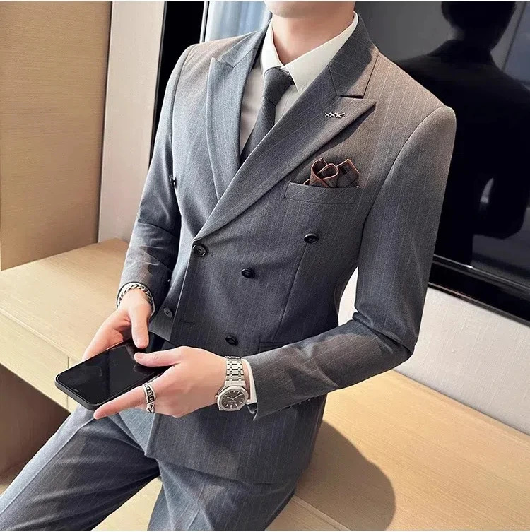 Suit suit mens striped double breasted slim fit jacket stylish business casual youth fashion wedding dress S8025 250122