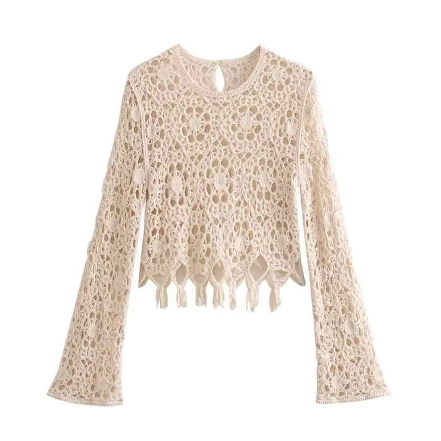 Women's Two Pieces Set Mujer Crochet Cotton Knitted Dress Tassel Knit Top Hollow High Waist Skirts Outfits Boho Sets