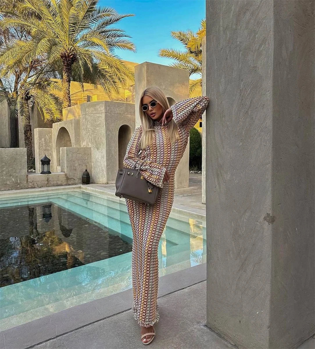 Fashion Backless Womens Dress Lace Contrast Color Long Sleeves Slim Stripe Maxi Dresses 2024 Summer Beach Holidays Clothing 250113