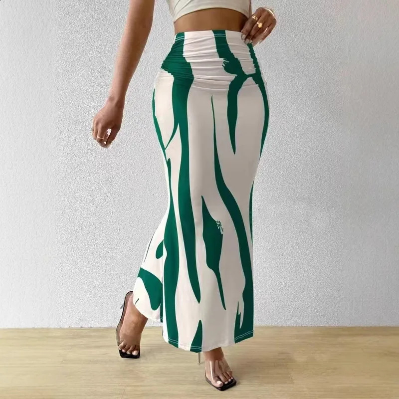 Dressy Casual Graphic Zebra Print Pleated Long Skirt Autumn Fashion Elastic High Waist Geometry Midi Streetwear 250110Z