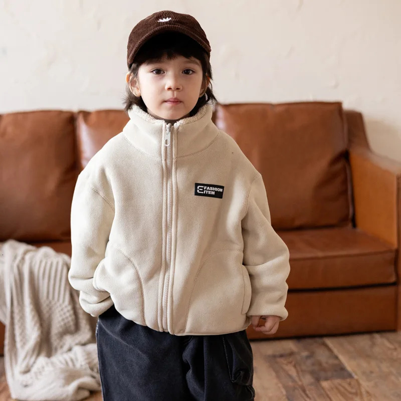 Autumn Winter Korean Baby Boy Coat Solid Color Double-sided Casual Fleece Toddler Boys Jacket Stand Collar Warm Kid Boy Top 250113