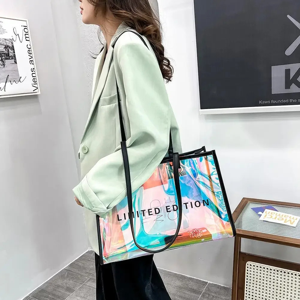 Women Letters Large Capacity Travel Shoulder Bags Laser PVC Transparent Handbag for Women Girl Outdoor Shopping 250121