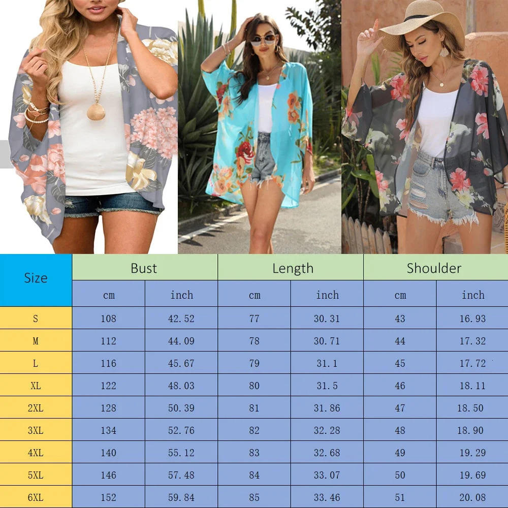 2024 Beach Wear covered womens social shirt fashion top 3D printed batwing sleeve chiffon kimono swimsuit for women 250120