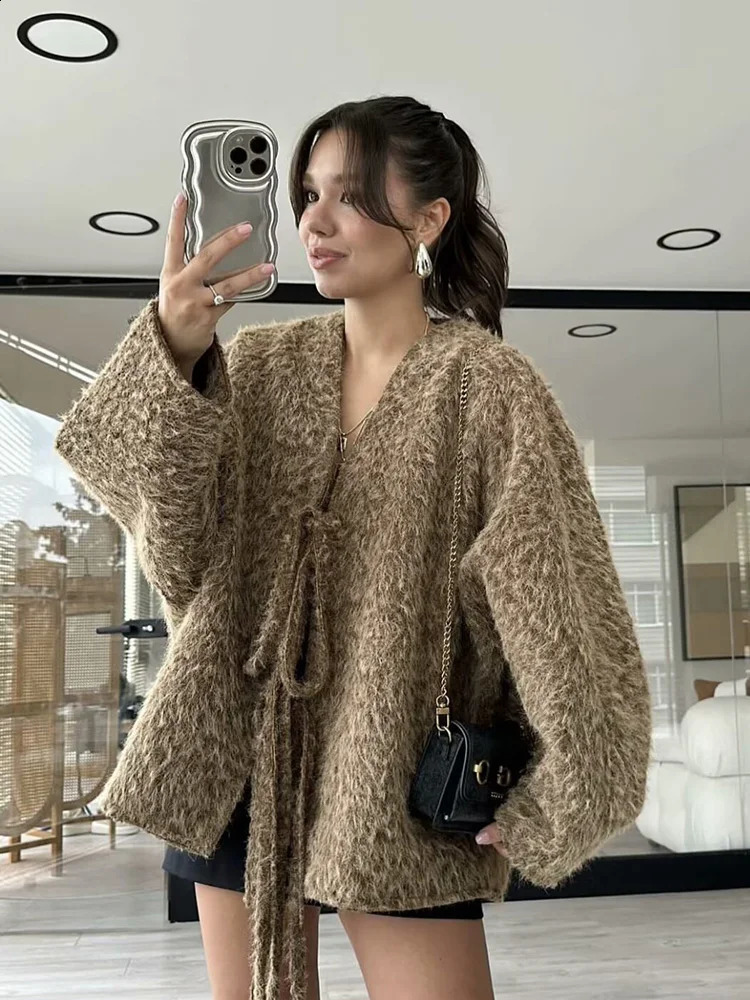 TRAF womens small cardigan Vneck Mao jacket fashion retro bow tie n solid colour autumn and winter 250113Z