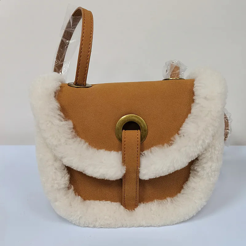 Plush saddle bag womens suedeleather wool fur bag simple winter cashmere shoulder cross bag 250109