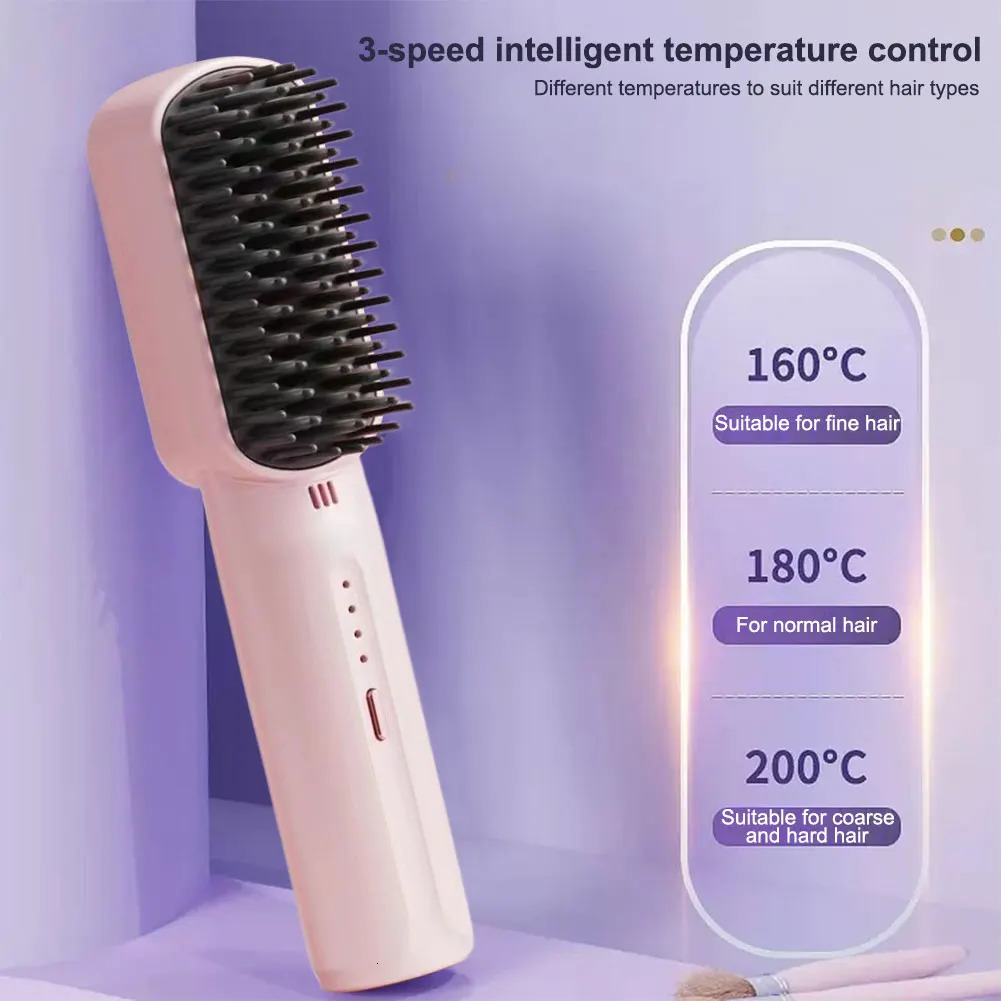 Cordless Electric Comb Rechargeable Portable Straightening Brush Anti-Scald Hair Straightener Comb 3 Temp Settings for Women 250117