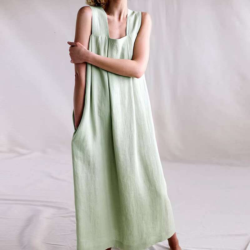 Spring Cotton And En Square Collar Solid Color Straight Style Loose Sleeveless Overall Maxi Dress