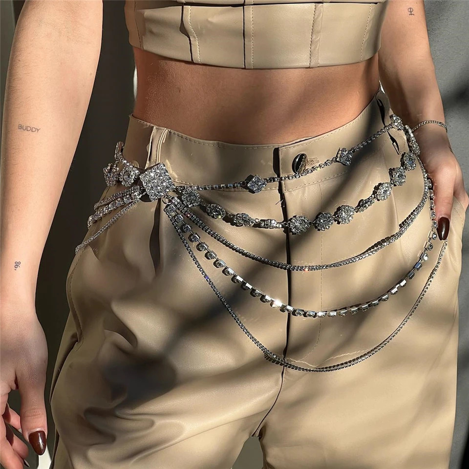 Summer Beach Sexy Multilayer Crystal Thigh Body Chain 5 Layers Jewelry Belly Chains Waist Link Necklace for Women Accessories 250121