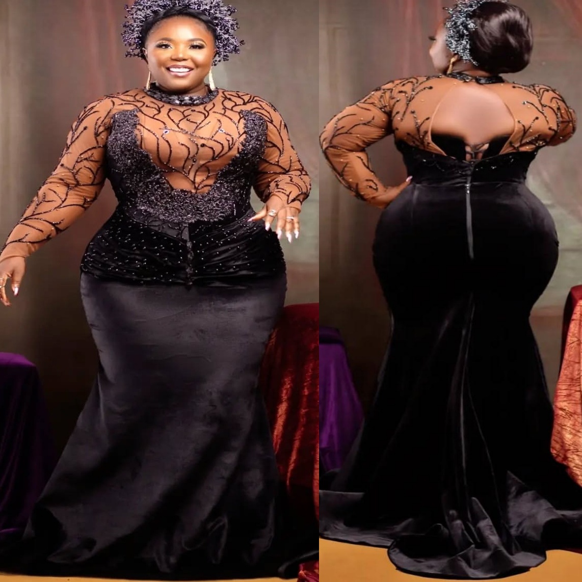 Aso Ebi Black Illusion Mermaid Prom Dresses 2025 Full Sleeves Veet Evening Formal Party Second Birthday Engagement Gowns Plus Size Dress For Special O