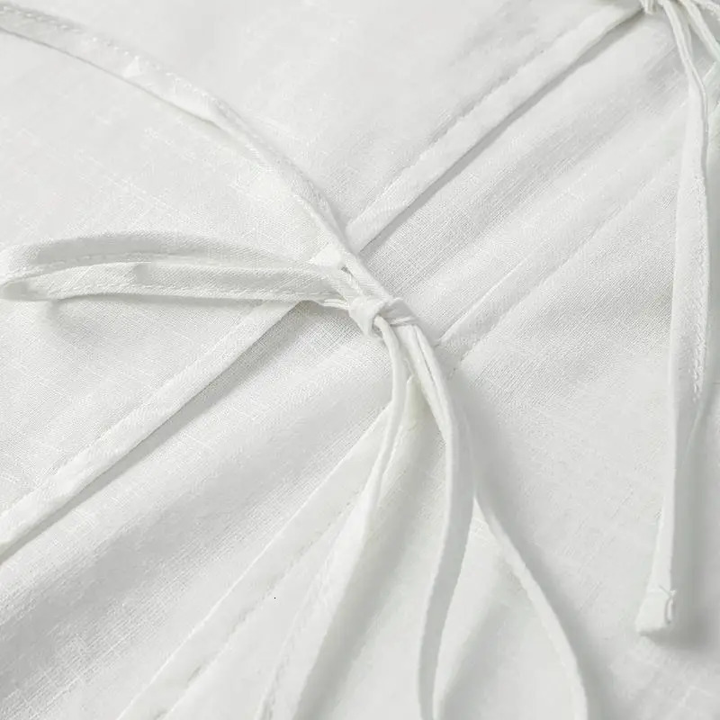 Lace bow cotton linen shirt womens loose solid Vneck lapel spring summer casual simple top 250122