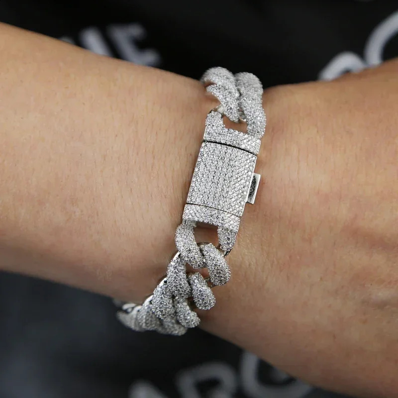 2025 High Quality Iced Out Bling 15mm Width Round Full Paved Cuban Link Chain Bracelet Necklace Hip Hop Men Jewelry 250115
