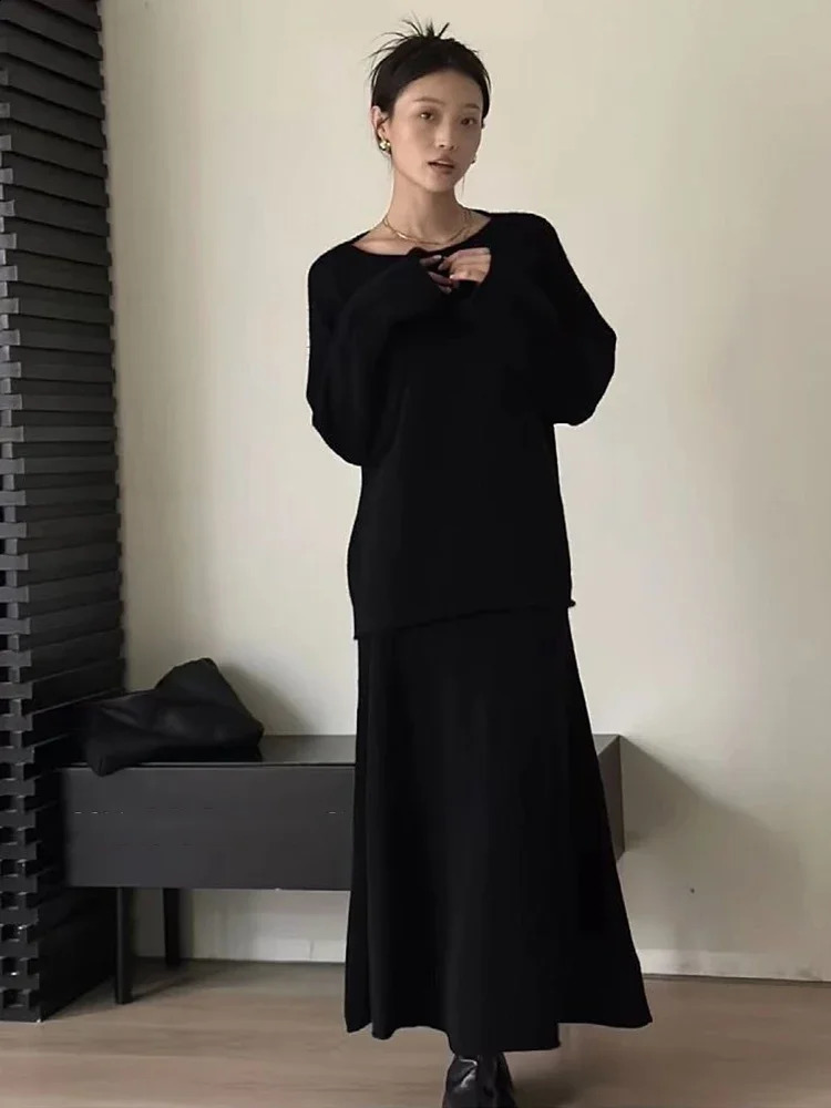 Two Piece Sets Womens Outifits Autumn Solid Knitted Sweater A-Line Elastic Skirt Sets Matching Korean Fashion Womens Clothing 250121