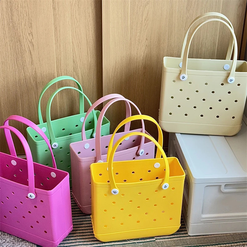 Durable Waterproof Beach Bag Storage Baskets Summer Rubber Tote Solid Color Jelly Beach Bags Sundries Organizer 250121