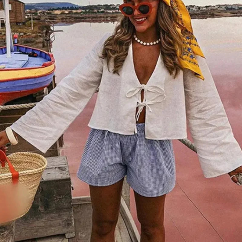 Yes Fine Loose Lace Up Bow Shirt Women Elegant V Neck Long Flare Sleeve Lady 2024 Spring Summer Simple High Street Female Top 250122