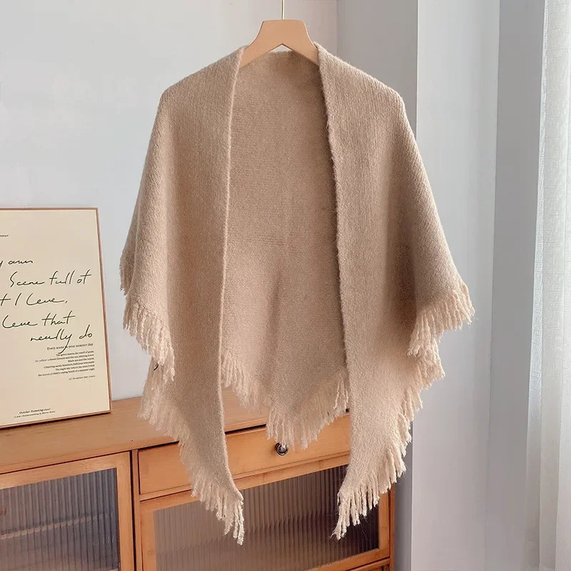autumn winter tassel shawl for womens outerwear versatile triangular scarf for warmth and neck protection Gray 250121