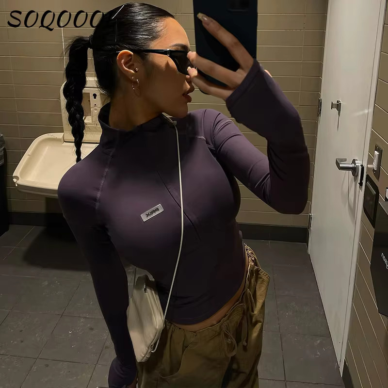 Y2k Long Sleeve T Shirt Women Stand Collar Zip Crop Tops Pullover Causal Basic Skinny Tees Streetwear Sexy Female Clothes