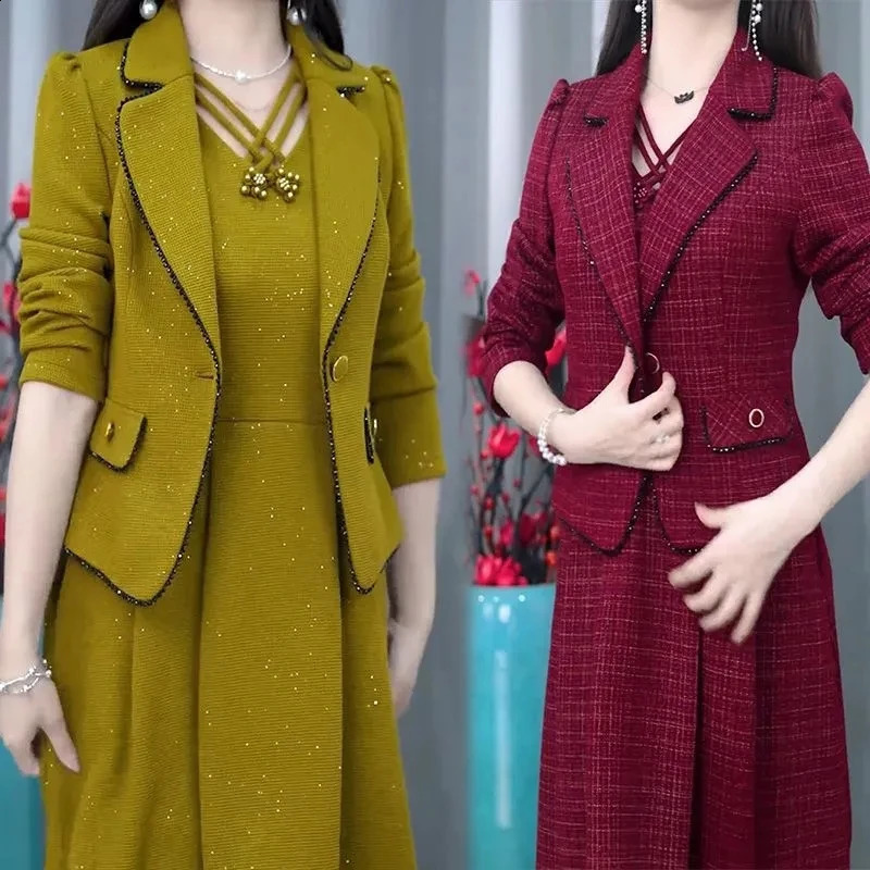 Middle Aged Women Fashion Sets Spring Autumn High End Blazer Jacket Sleeveless Dresses 2 Piece Suit Mothers Dress Outfit 4XL 250122