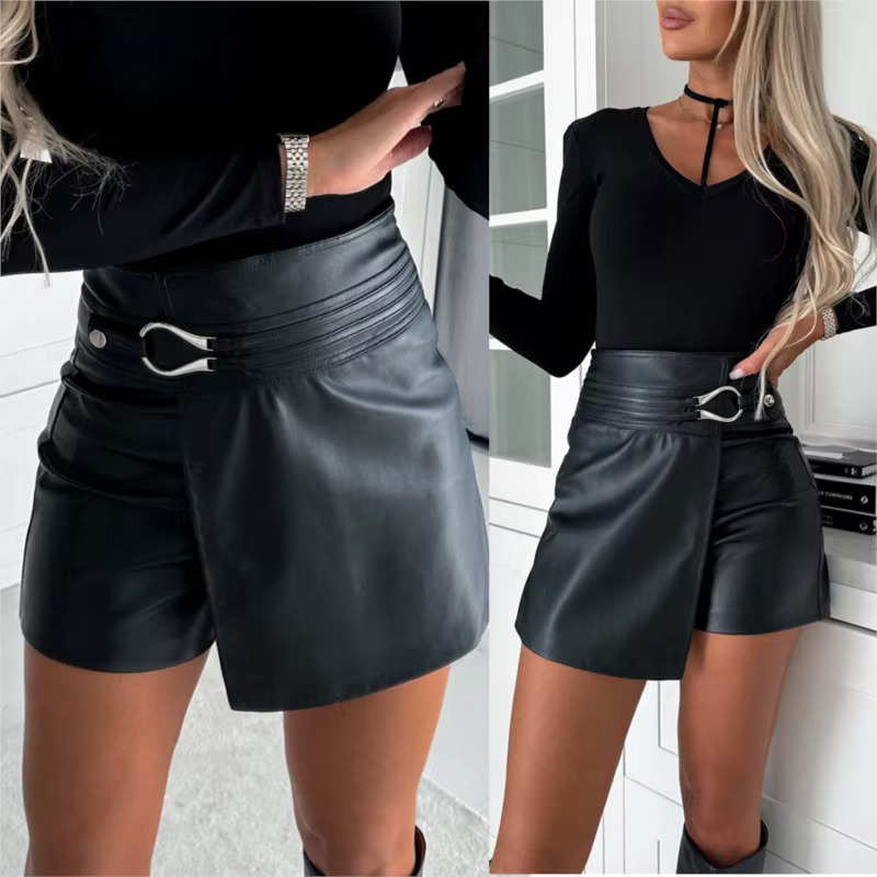 Black Shorts Women Buttons Asymmetrical 2024 New Short Pants High Waist Pu Leather Buckled Mini Skirts
