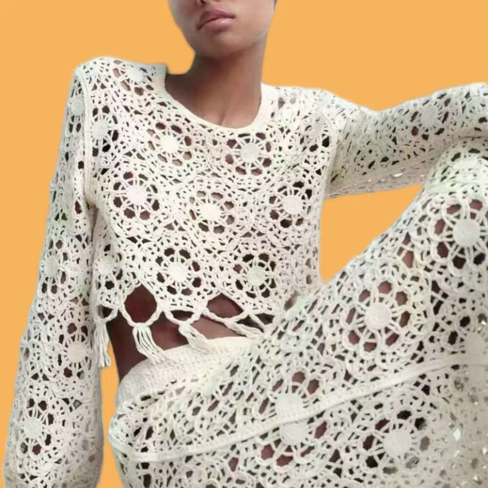 Women's Two Pieces Set Mujer Crochet Cotton Knitted Dress Tassel Knit Top Hollow High Waist Skirts Outfits Boho Sets